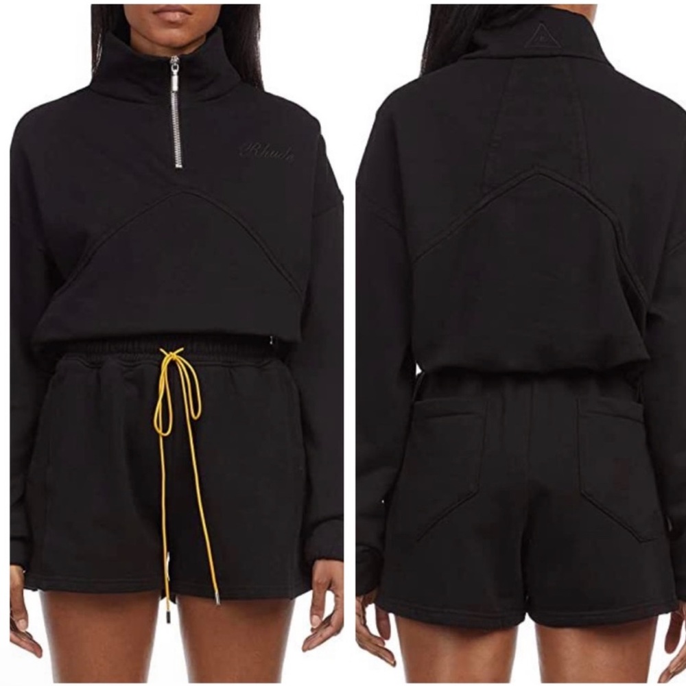 Rhude Skyline Cropped 1/4 Zip Logo Terry Pullover Sweatshirt in Vintage Black